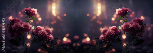 Romantic bouquet of roses. Fantasy rose, light blurred bokeh. Romantic evening atmosphere, rose garden, rose bouquet, flowers. 3D illustration photo