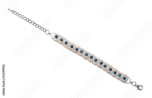 Women's bracelet, woven of white and blue beads. Isolated on a white background.