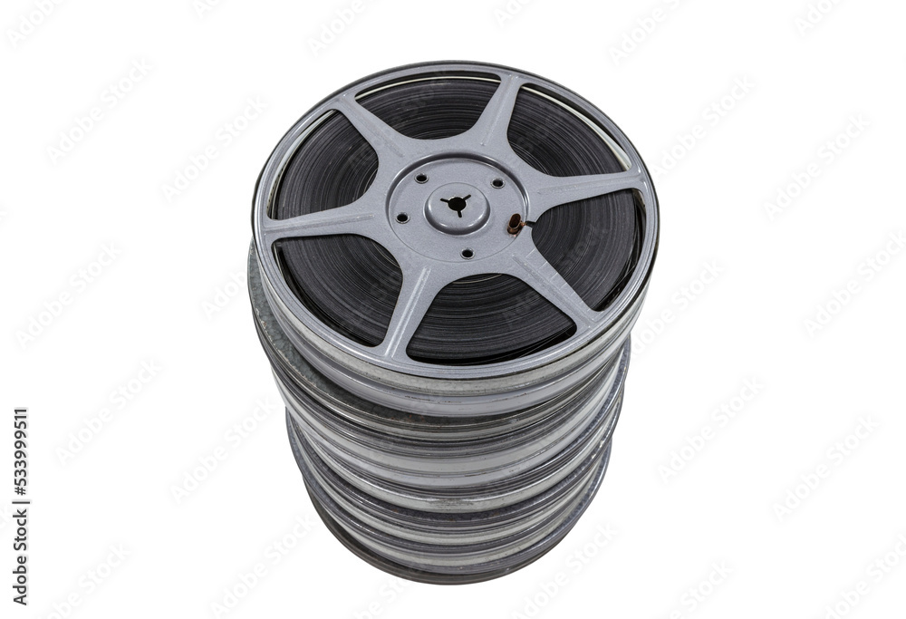 Obraz premium Vintage 8mm movie reel and film cans isolated.