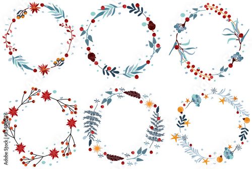 Set of Christmas wreath with flowers, leaves, red berries, stars and other. Pastel Winter wreath for greeting cards, poster, postcard, banner. Vector.