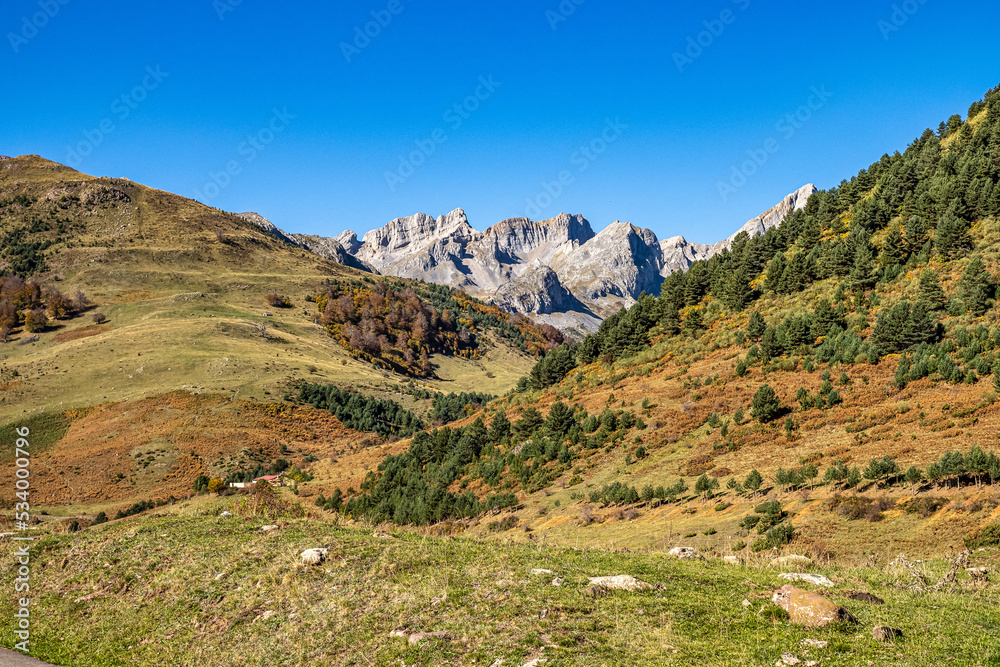 Beautiful view of the Valley of Hecho in the Spanish Pyrenees in autumn, Spain