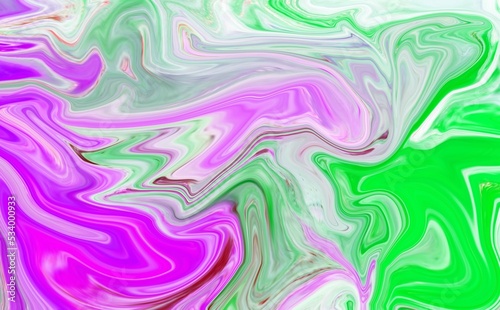 Hand Painted Background With Mixed Liquid Green and Pink Paints. Abstract Fluid Acrylic Painting. Marbled Green Pink Abstract Background. Liquid Marble Pattern.