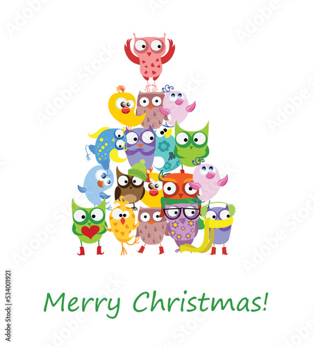 We wish you a Merry Christmas and a happy New Year. Stylish holiday card with cute birds and owls in vector. Bright cartoon background with holiday birds