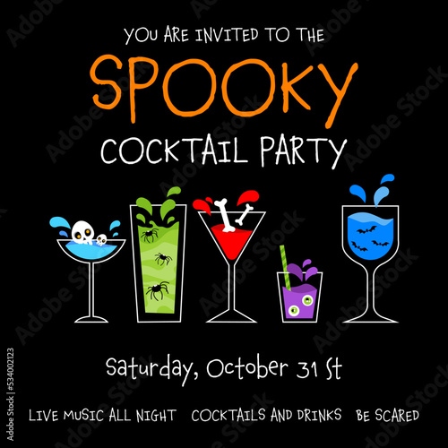 Halloween spooky cocktail party poster, banner, invitation or greeting card design template with spooky blue, yellow and red drinks with skull, bones, eyes, bats and spiders inside glasses. 