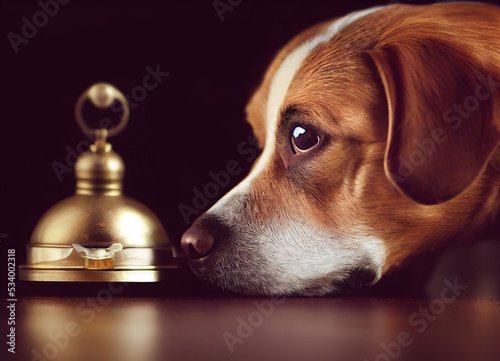 A dog looking at a bell, Pavlov's dog concept. Scientific experiment including a dog and a bell.