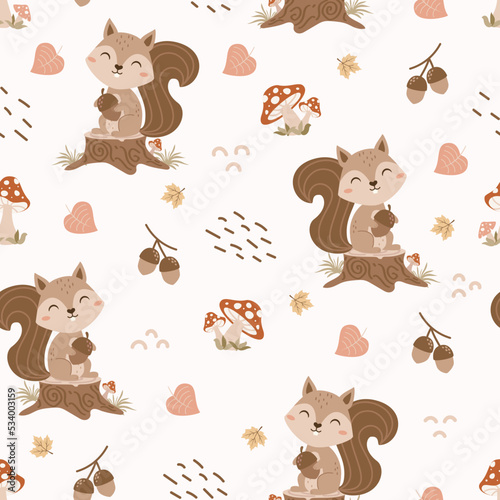 Seamless vector pattern with cute squirrels in the wood. Woodland Cartoon Animals Background. design for fabric  wrapping  textile  wallpaper  apparel and all your creative project.