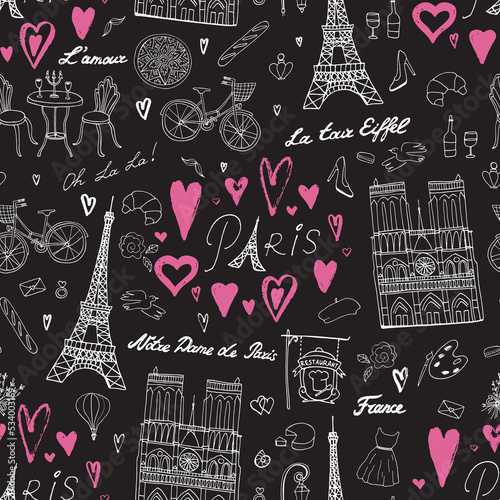 Paris France travel vector seamless pattern.