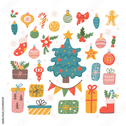 Cute Christmas holiday set with gifts and decorations for the Christmas tree, vector flat illustration in hand drawn style on white background