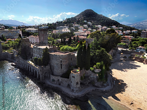 View from above to the nice castle on the sea coast. Village of Napoule, southern France photo