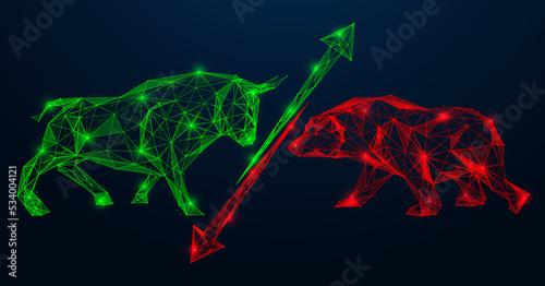 Green bull and the red bear of the stock market. Arrows of growth and fall, online trading. Low-poly design of lines and dots.