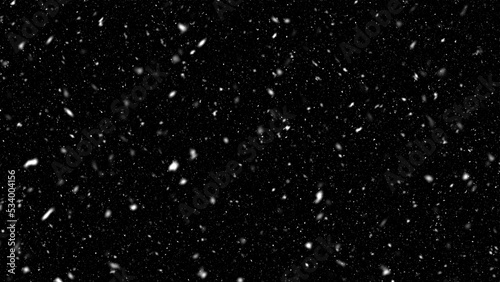 Falling realistic natural snowflakes overlay from top to bottom - calm snow for digital composition and photo composite with black background