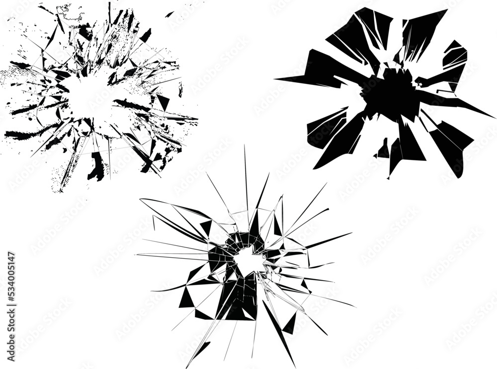 Broken glass, cracks, bullet marks on glass. Texture glass with black
