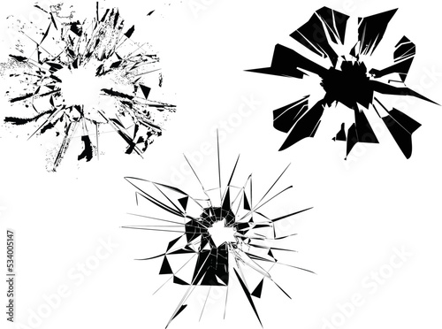 Broken glass, cracks, bullet marks on glass. Texture glass with black hole. Hole on wall, windows or door.  Template for the background. 