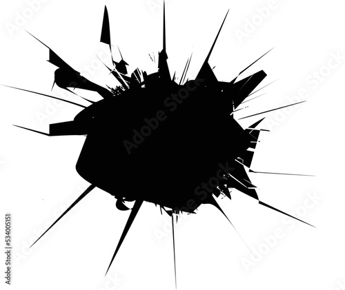 Broken glass, cracks, bullet marks on glass. Texture glass with black hole. Hole on wall, windows or door.  Template for the background.  Cracked hole