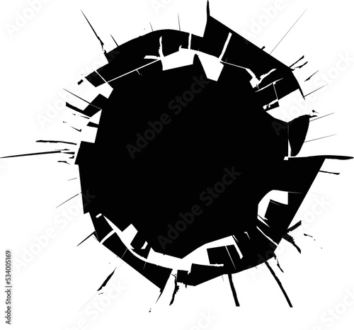 Broken glass, cracks, bullet marks on glass. Texture glass with black hole. Hole on wall, windows or door.  Template for the background.  Cracked hole