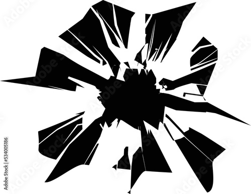 Broken glass, cracks, bullet marks on glass. Broken wall. 
