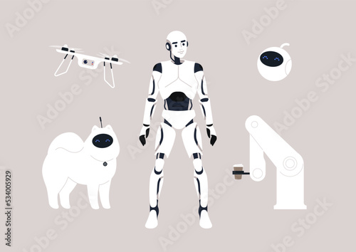 A set of technologically advanced robots, artificial intelligence concept, a humanoid, a robotic barista arm, a drone, a home assistant, and a domestic electronic pet