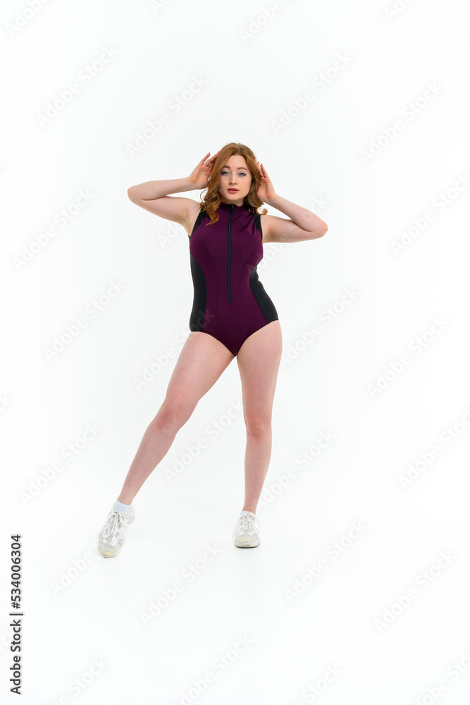 model size posing bodysuit on white background