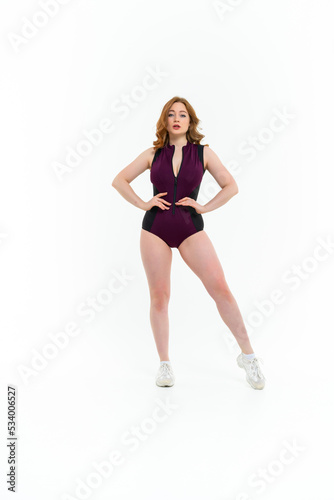 model size posing bodysuit on white background