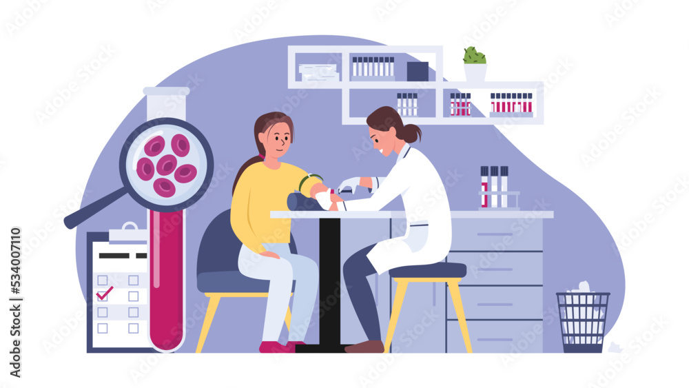 Vector illustration of blood donation. Cartoon scene with blood donation by girl to check for diseases in the laboratory. Vector illustration of blood donation. Cartoon scene with blood donation by girl to check for diseases in the laboratory.