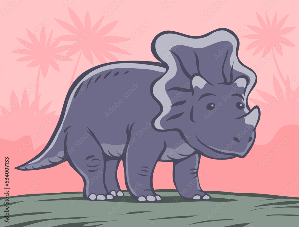 Fototapeta premium Small triceratops dinosaur with a horn. Herbivore cute ceratops. Dino Jurassic. Ancient prehistoric lizard. Character for children. Cartoon vector illustration. Hahd drawn outline style