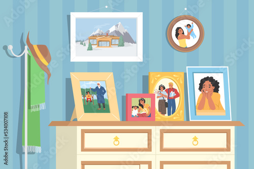Photo frame on table flat vector design interior