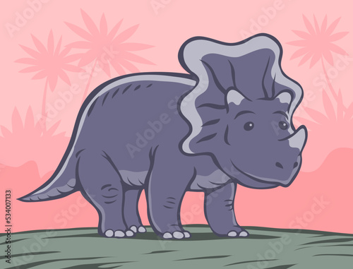 Small triceratops dinosaur with a horn. Herbivore cute ceratops. Dino Jurassic. Ancient prehistoric lizard. Character for children. Cartoon vector illustration. Hahd drawn outline style