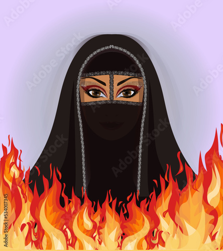 Muslim arab woman in burka and fire, background vector illustration