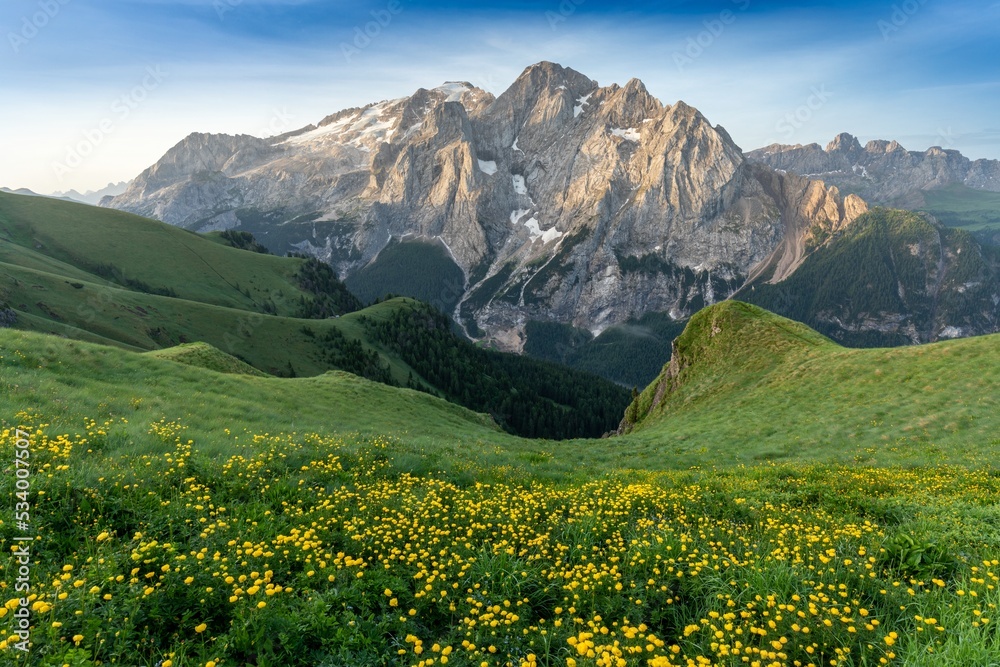 Summer Panorama in Val Badia, Dolomites. In the background the Marmolada, located at the Dolomiti Range, Italy