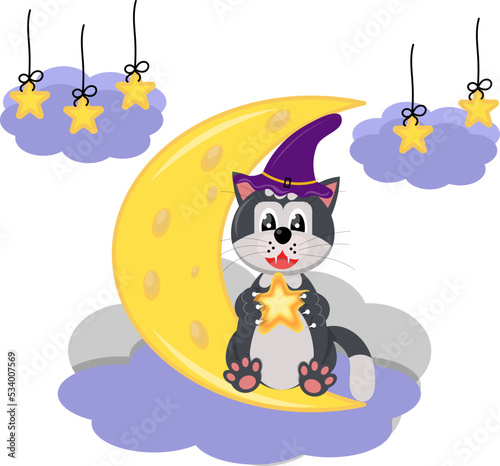 Black cat with a magic star sits on the moon and makes a wish. Halloween. Vector cartoon illustration. 