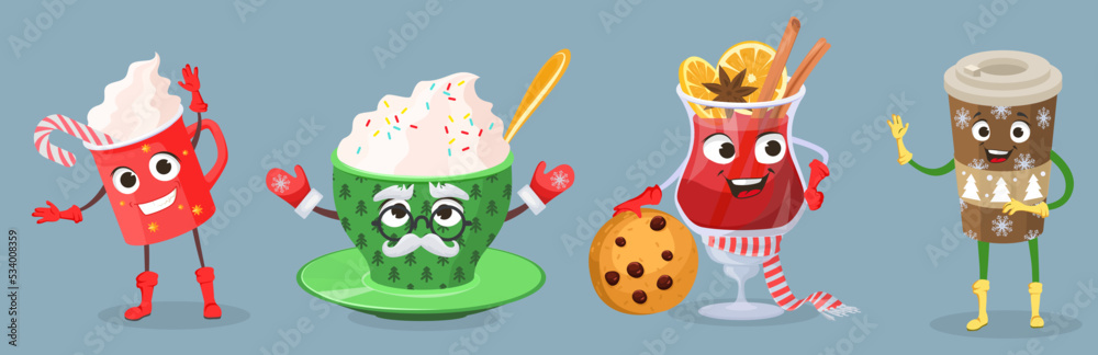 Fototapeta premium Funny hot winter drink character vector set