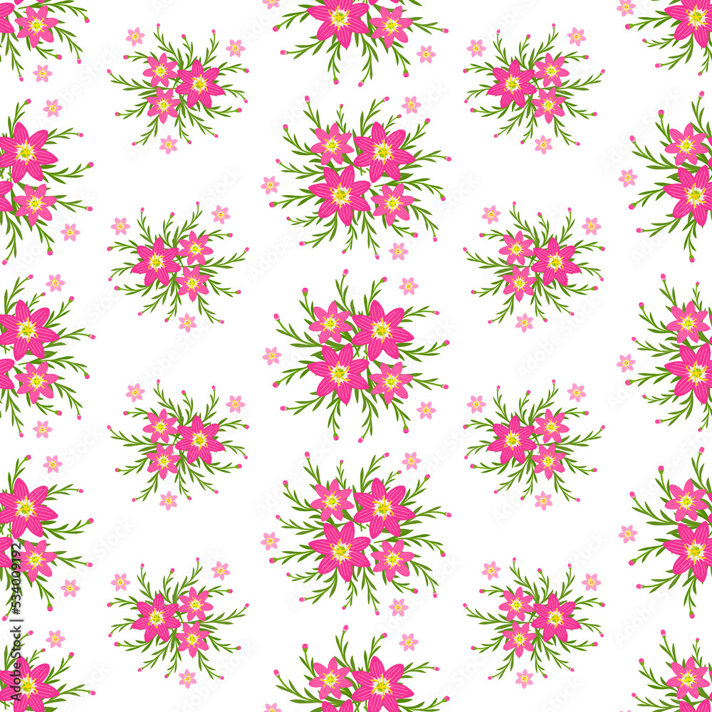 Floral vector artwork for apparel and fashion fabrics, Pink flowers wreath ivy style with branch and leaves. Seamless patterns background.