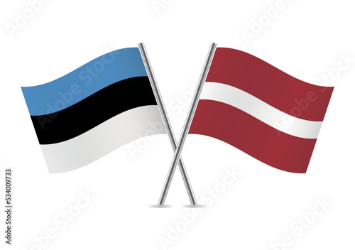 Estonia and Latvia crossed flags. Estonian and Latvian flags on white background. Vector icon set. Vector illustration.