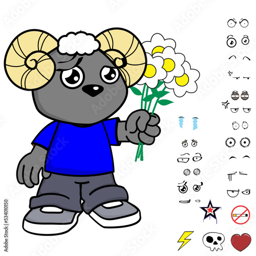 ram young kid character cartoon kawaii expressions set pack in vector format