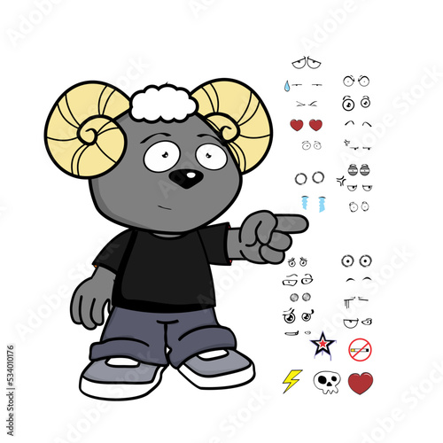 ram young kid character cartoon kawaii expressions set pack in vector format