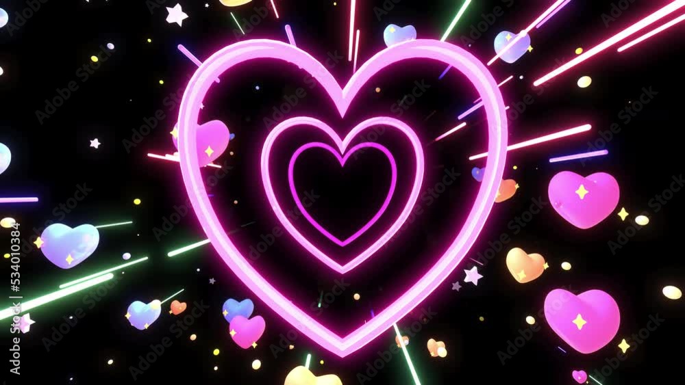 4K looped passing through neon pink heart tunnel with glowing stars and light streaks in the dark animation.
