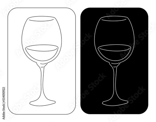 Wine wineglass in thin lines. Cartoon sketch graphic design. Doodle style. Black white hand drawn image. Party drink concept for restaurant, cafe, party. Freehand drawing. Two kinds of illustration