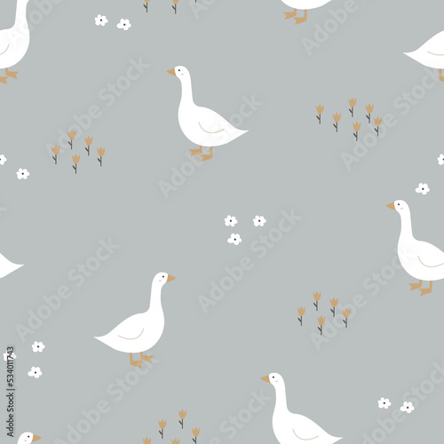Hand drawn goose seamless pattern. Cartoon geese in a meadow with flowers. Funny kids print. Cute birds.