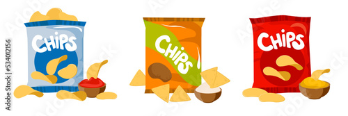 Set of colorful potato chips in cartoon style. Vector illustration of snacks with different sauces and flavors on white background.