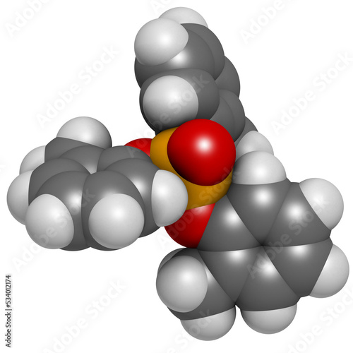 Tricresyl phosphate (TCP) molecule. Used as plasticizer, for waterproofing, as flame retardant, etc. Known to be neurotoxin. photo