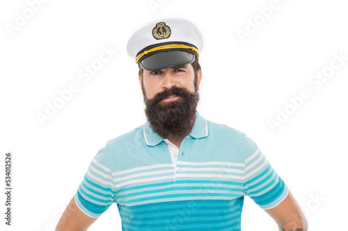 Worried man portrait. Bearded man wearing captain hat. Man sailor face with beard and mustache isolated on white