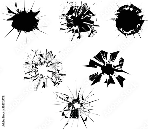 Broken glass, cracks, bullet marks on glass set.  Texture glass with black hole. Hole on wall, windows or door. Template for the background.