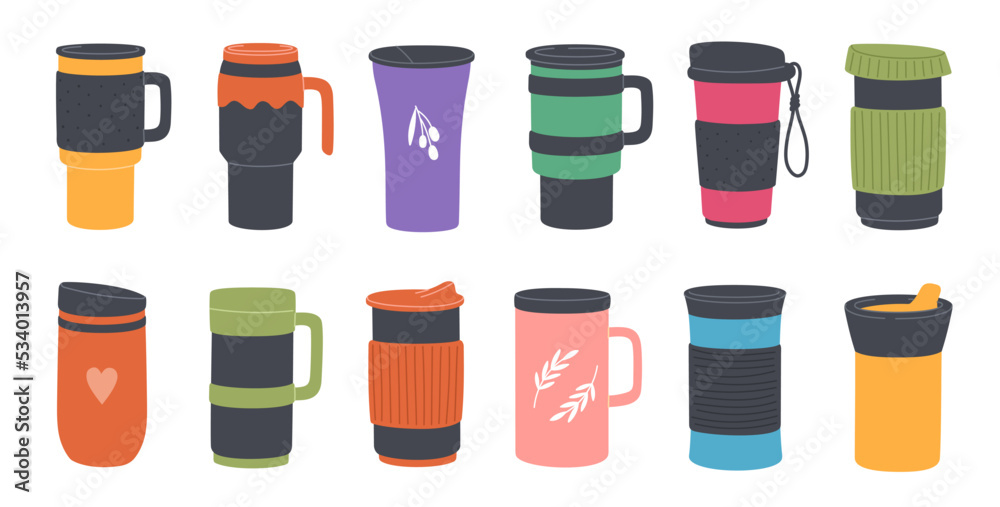 Reusable thermo mugs, tumbler and thermos. Vector travel cups for