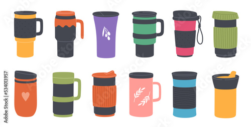 Reusable thermo mugs, tumbler and thermos. Vector travel cups for coffee or tea hot drinks, water bottles or thermal flasks with plastic handles and lids, isolated thermo mugs for takeaway beverages photo