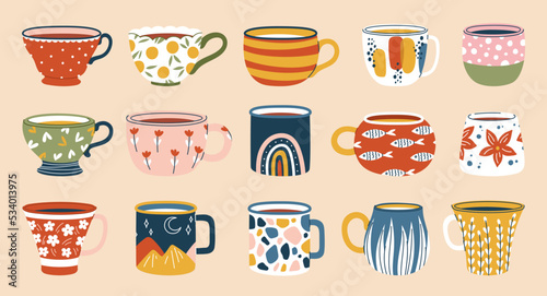 Ceramic coffee cups and tea mugs. Kitchen crockery with scandinavian and flower elements. Vector tableware set of ceramic and porcelain cups or mugs, home or cafe pottery for hot drinks, beverages
