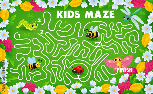 Labyrinth maze game, cartoon insect characters on summer meadow vector worksheet. Kids puzzle, riddle game or quiz of find way maze with butterfly, bee, ladybug, dragonfly, caterpillar and bumblebee