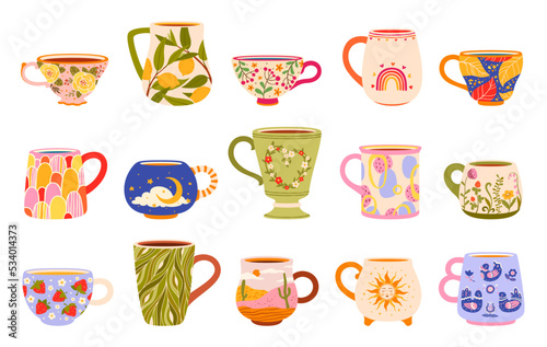 Ceramic tea cups and coffee mugs, kitchen crockery with Scandinavian flower elements, vector set. Tea cups and coffee mugs with color and floral leaf pattern ornament, porcelain teacups and mugs