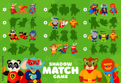 Shadow matching game. Superhero cartoon animal characters kids puzzle vector worksheet. Children education activity riddle quiz with find the correct shadow task, cat, dog, bear and lion super heroes