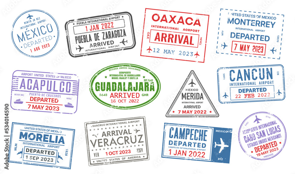 Passport travel stamps of Mexico country. Journey visa of mexican  international airport vector set. Isolated grunge stamps of departure and  arrival with colorful frames, planes, airplanes and ships Stock Vector |  Adobe