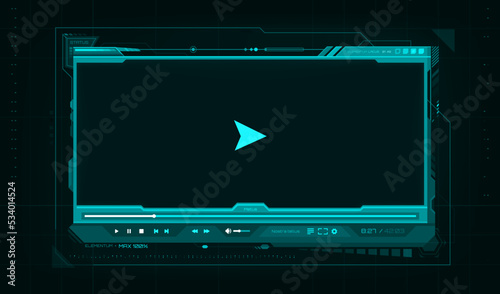 HUD video player futuristic screen interface, game ui, web and mobile app. Vector digital media player with future technology hologram screen, neon blue frame, play button, progress bar and sliders